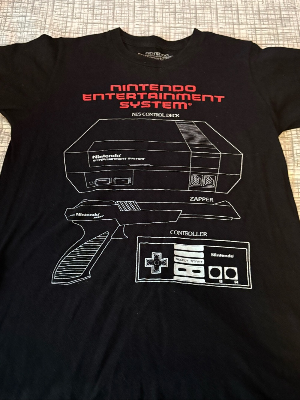 Nintendo Black Graphic Tee with Red and White NES Console Art